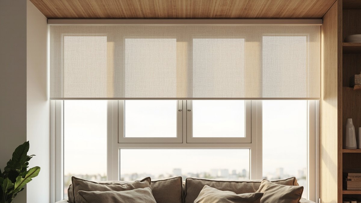 Illustrative concept design: linen-texture roller blind half lowered under a timber-lined soffit with white window frames