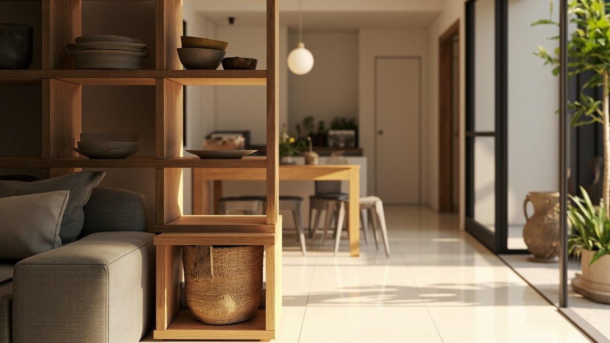 Illustrative concept design: open oak grid shelf with bowls and a basket beside the sofa, dining table and pendant beyond