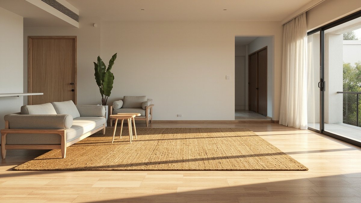 Illustrative concept design: large natural jute rug on a wood-look plank floor with a grey sofa and armchair on oak frames