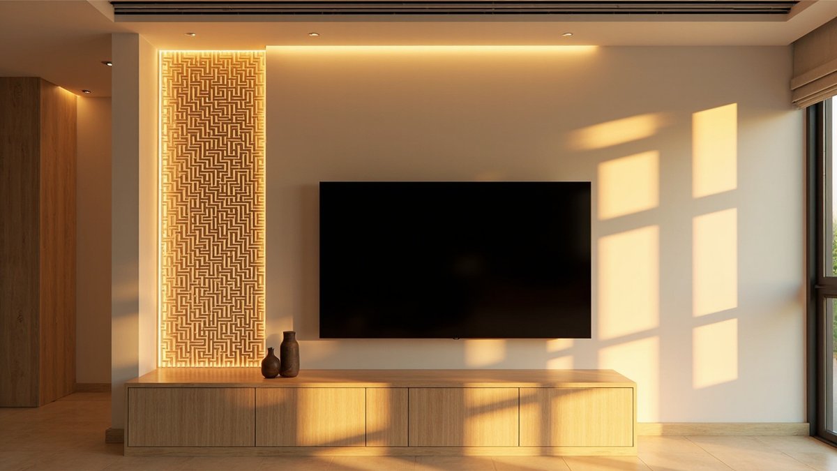 Illustrative concept design: tall backlit timber lattice panel beside a black wall-mounted TV over a long oak console