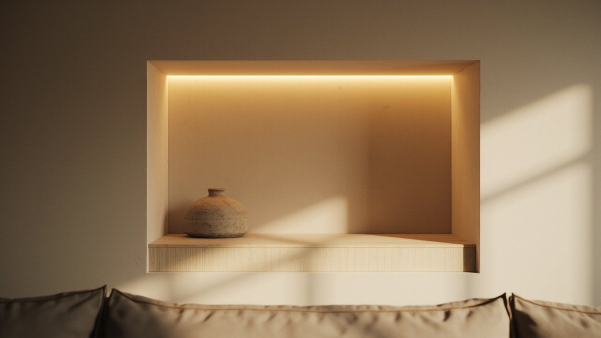 Illustrative concept design: recessed wall niche lit by a warm strip with an oak shelf holding one stoneware vase above the sofa