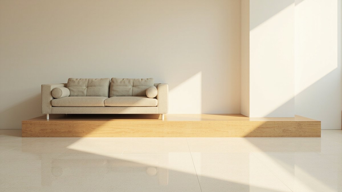 Illustrative concept design: linen sofa on a single low oak platform raised above pale glossy floor tiles