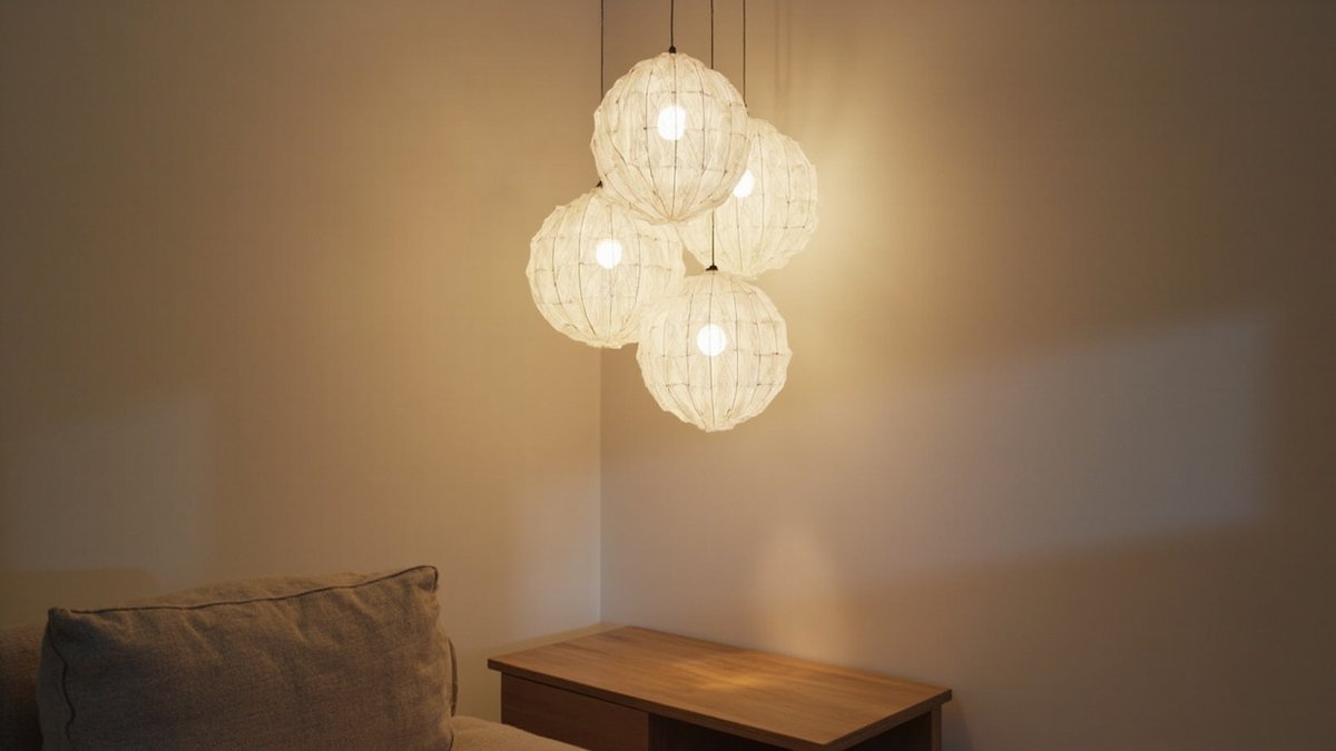 Illustrative concept design: cluster of four paper globe pendants glowing above a low oak table beside a linen sofa