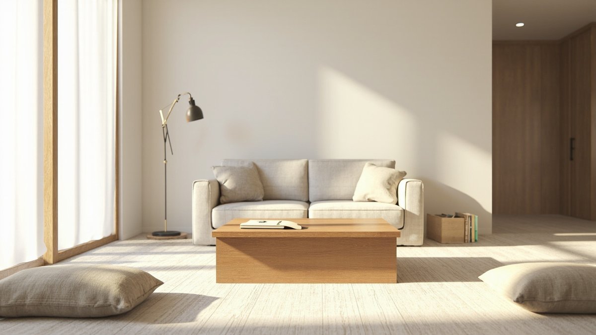 Illustrative concept design: linen two-seat sofa and low oak coffee table with two large floor cushions as extra seats
