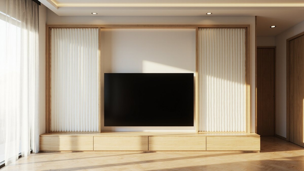 Illustrative concept design: two tall oak-framed translucent fluted panels either side of a black TV above a long low oak drawer unit