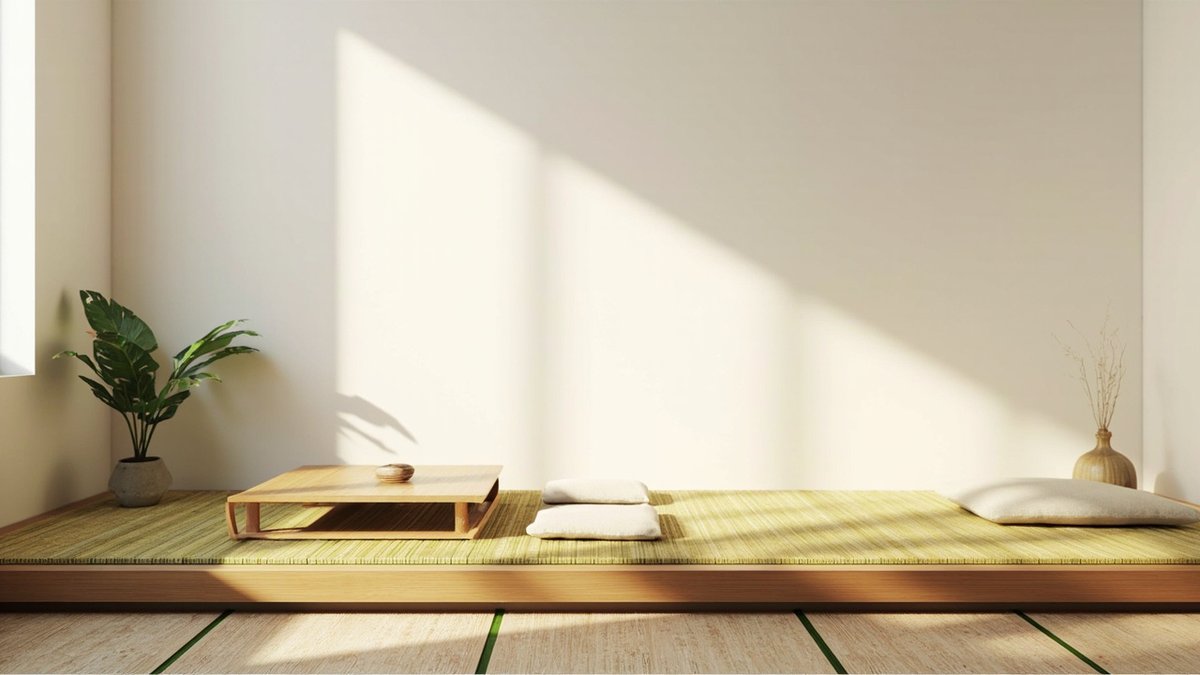 Illustrative concept design: raised tatami-style mat platform with a low timber tea table and floor cushions