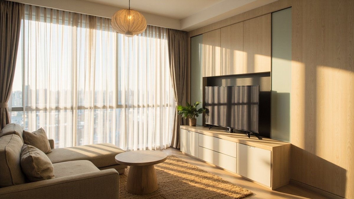 Illustrative concept design: japandi condo living room with an oatmeal sofa, a round oak table on a jute rug, a paper lantern and a pale oak TV wall with frosted panels