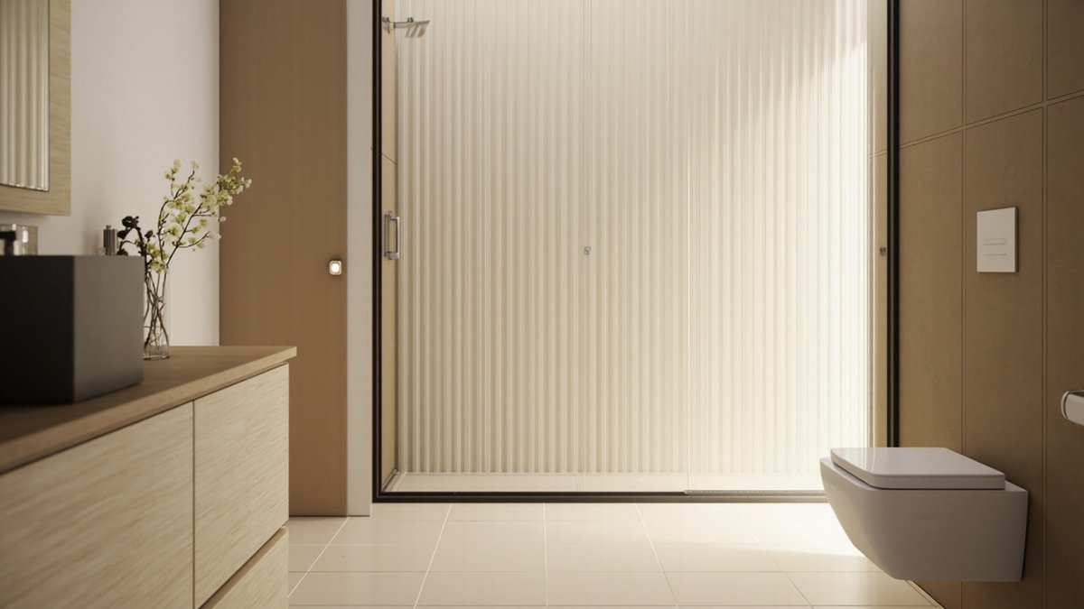 Illustrative concept design: fluted glass shower panels in a slim matt black frame
