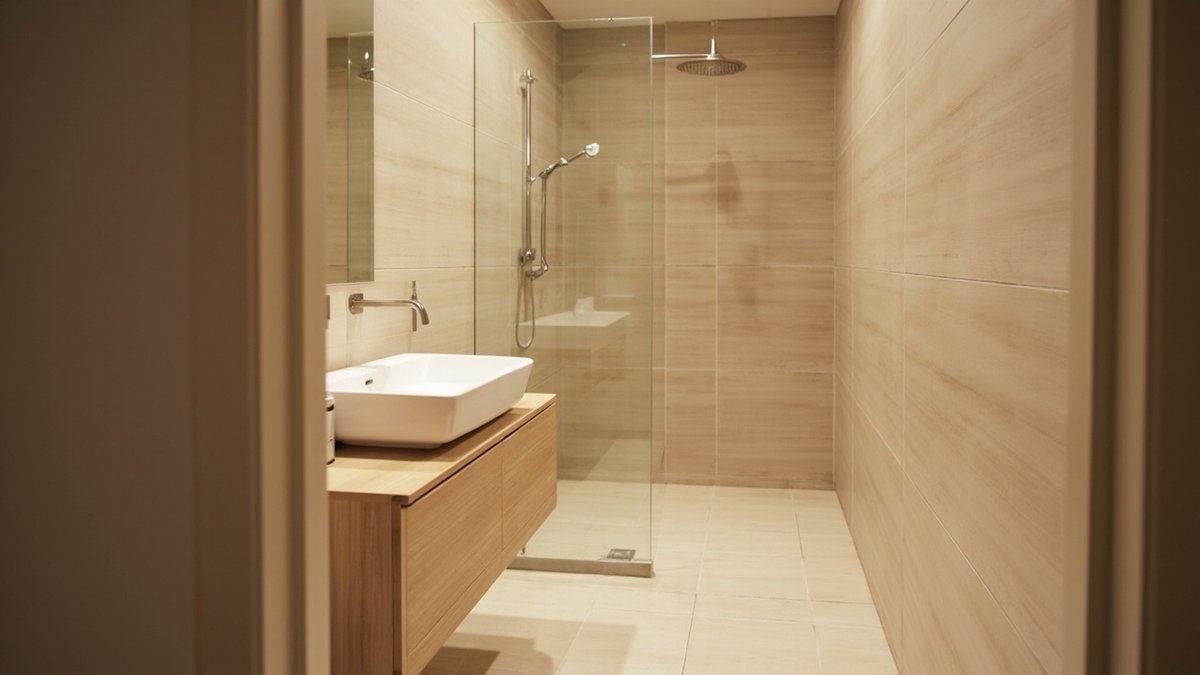 Illustrative concept design: large matte beige tiles on every wall and floor with an oak-look vanity