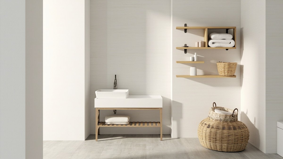 Illustrative concept design: oak open shelves with rolled towels and woven baskets beside a washstand