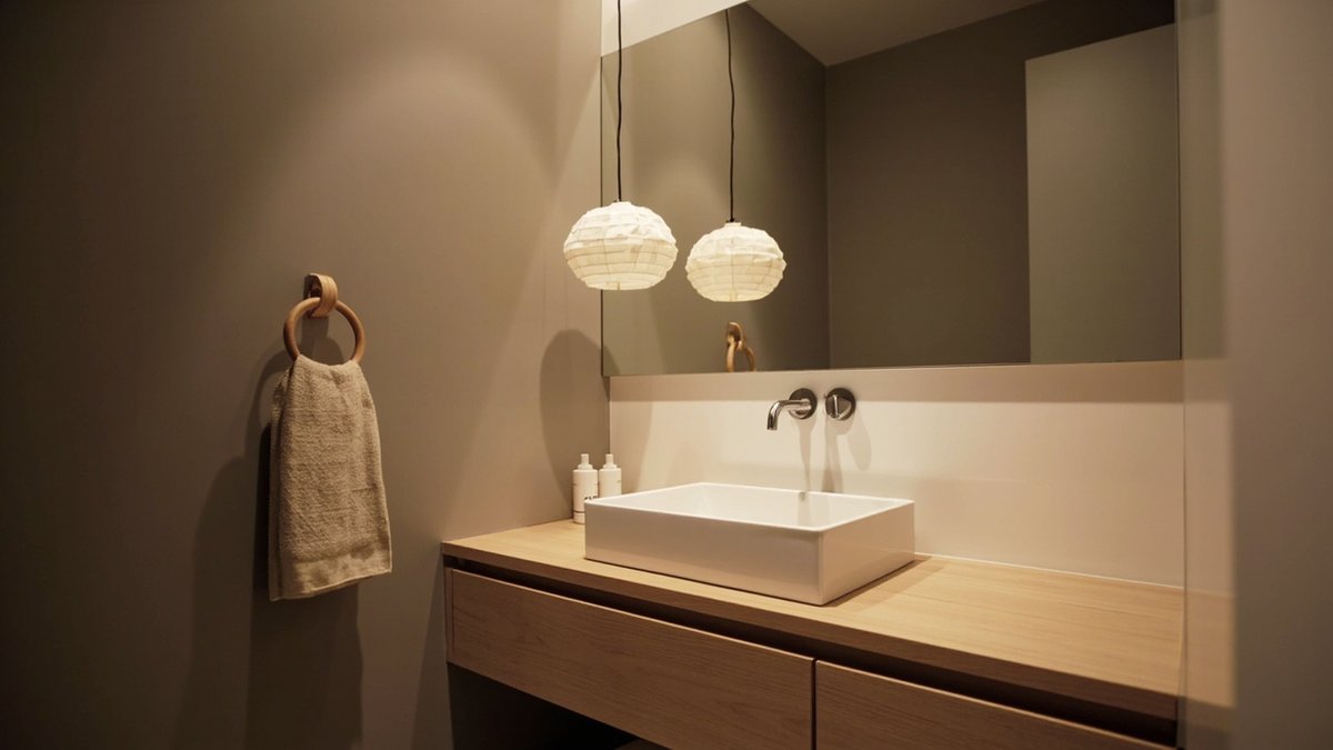 Illustrative concept design: two paper-look pendants over an oak-look vanity on a warm grey wall