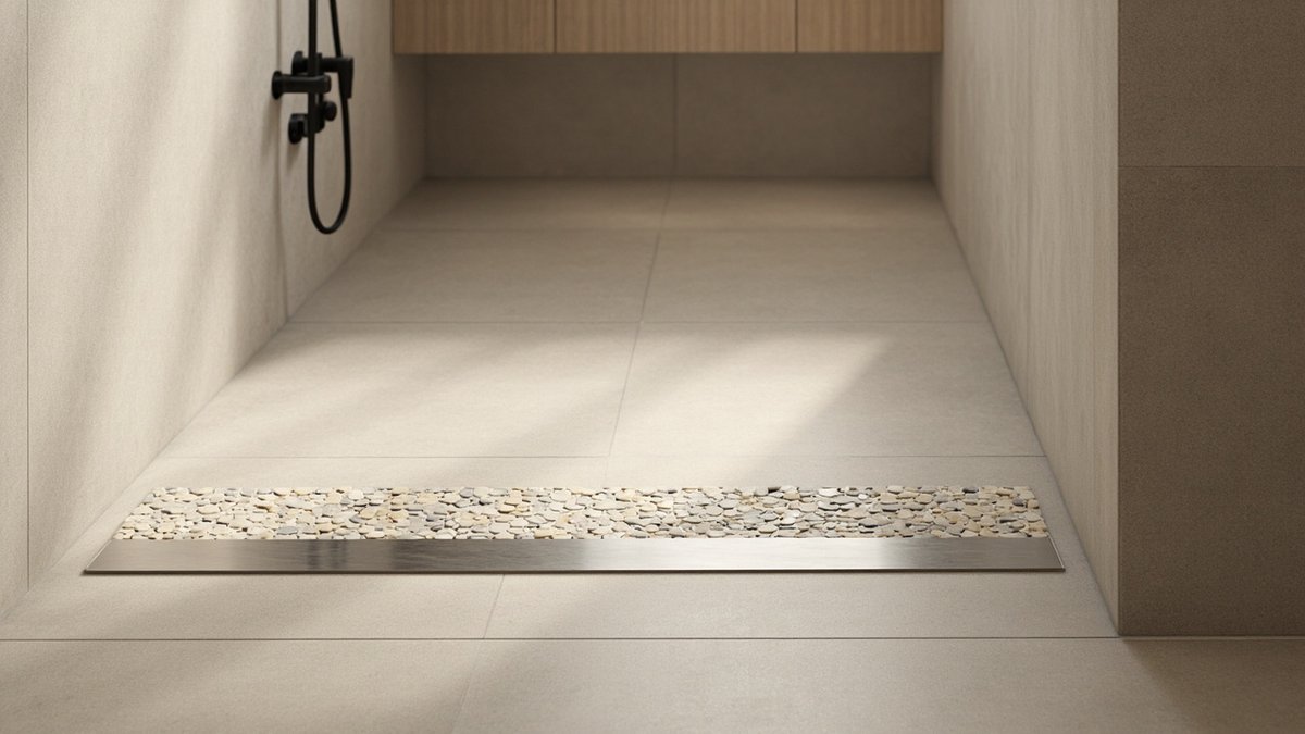 Illustrative concept design: pebble mosaic strip beside a linear drain in a greige shower floor