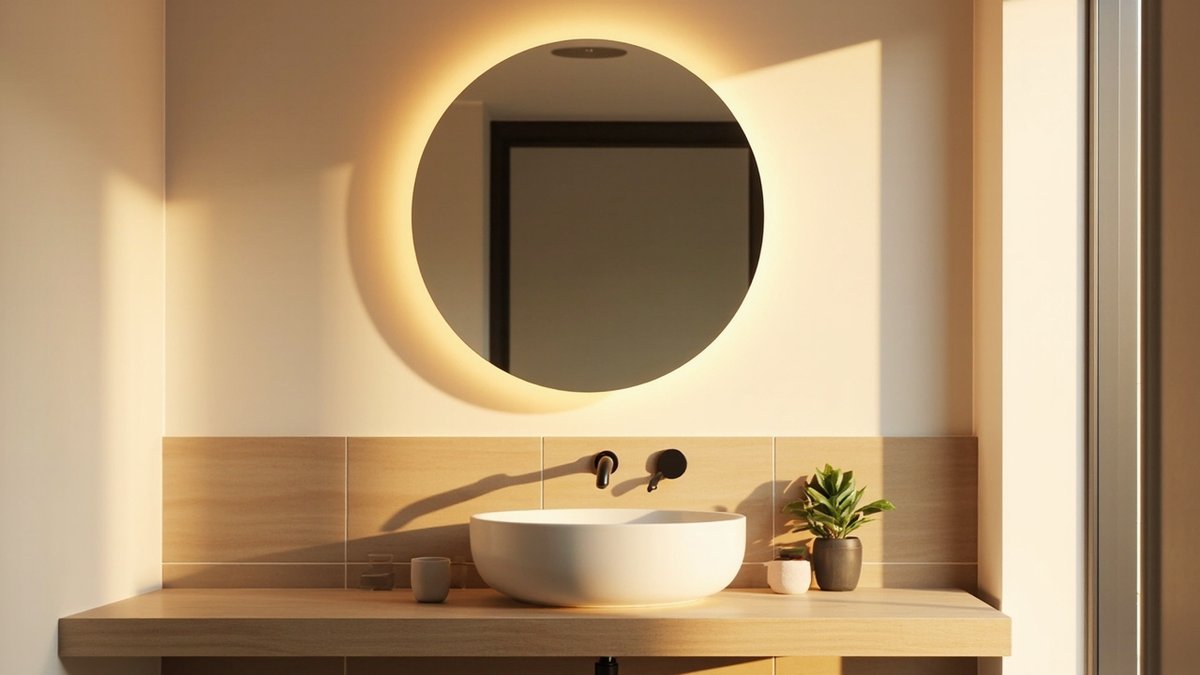 Illustrative concept design: round backlit mirror over a round bowl basin on a light oak top