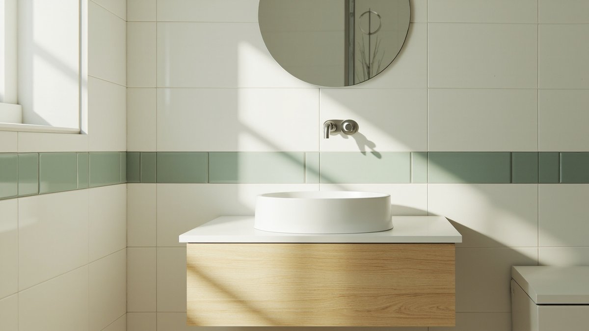 Illustrative concept design: sage green tile band between warm white tiles above an oak-look vanity
