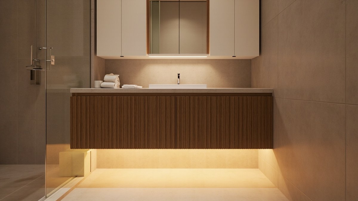 Illustrative concept design: floating walnut slatted vanity with light glowing beneath