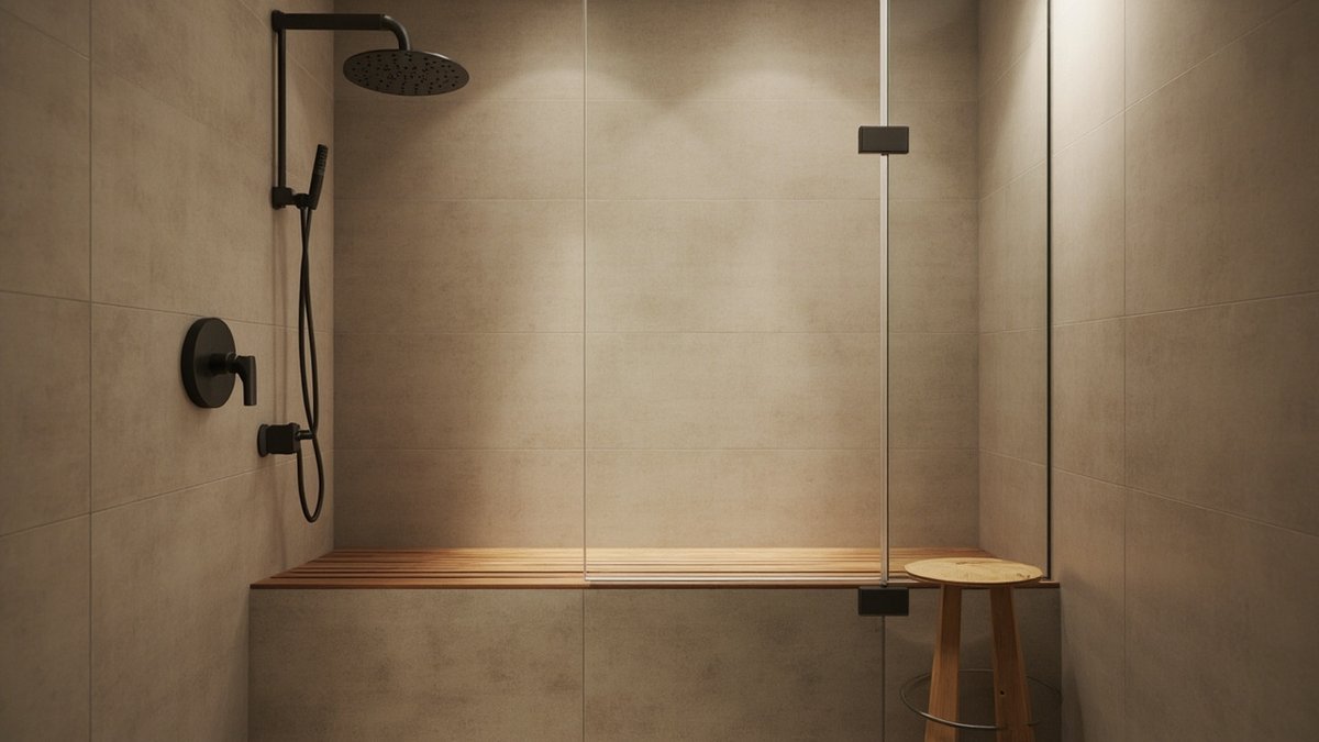 Illustrative concept design: greige walk-in shower with a teak-topped tiled bench
