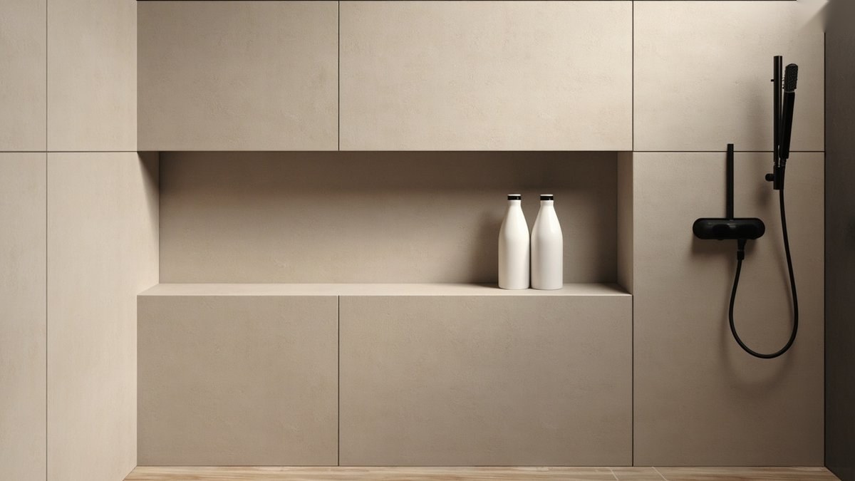 Illustrative concept design: long shower niche lined in the same greige wall tile