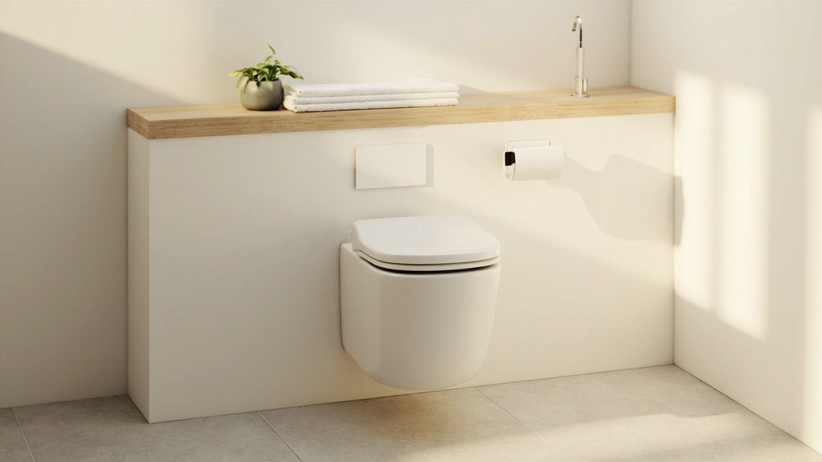 Illustrative concept design: wall-hung toilet in front of a white cistern box with an oak ledge