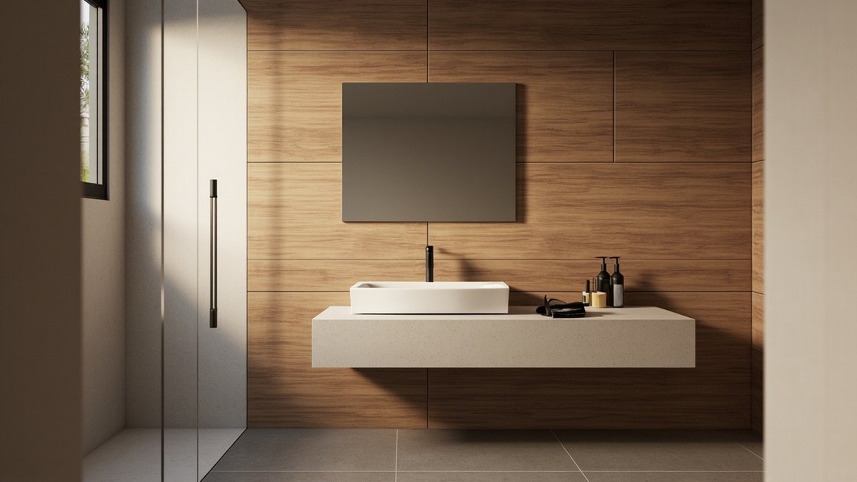 Illustrative concept design: warm oak wood-look porcelain wall behind a floating stone-look vanity slab