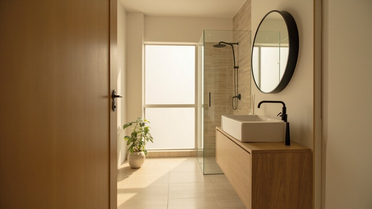 Illustrative concept design: beige bathroom with a floating oak-look vanity, round black-framed mirror and a walk-in shower behind clear glass