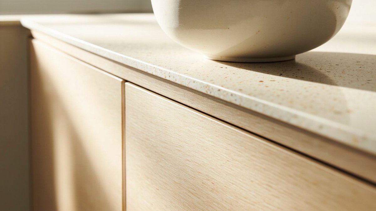 Ilustrasi konsep reka bentuk: pandangan dekat pintu kabinet bawah oak cerah tanpa pemegang di bawah table top beige berbintik pucat dengan mangkuk seramik putih