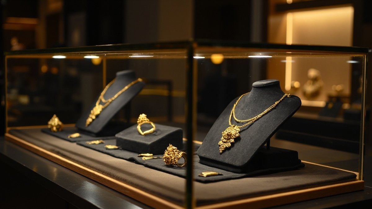 Lit glass showcase with gold necklaces and rings on dark trays in a jewellery shop