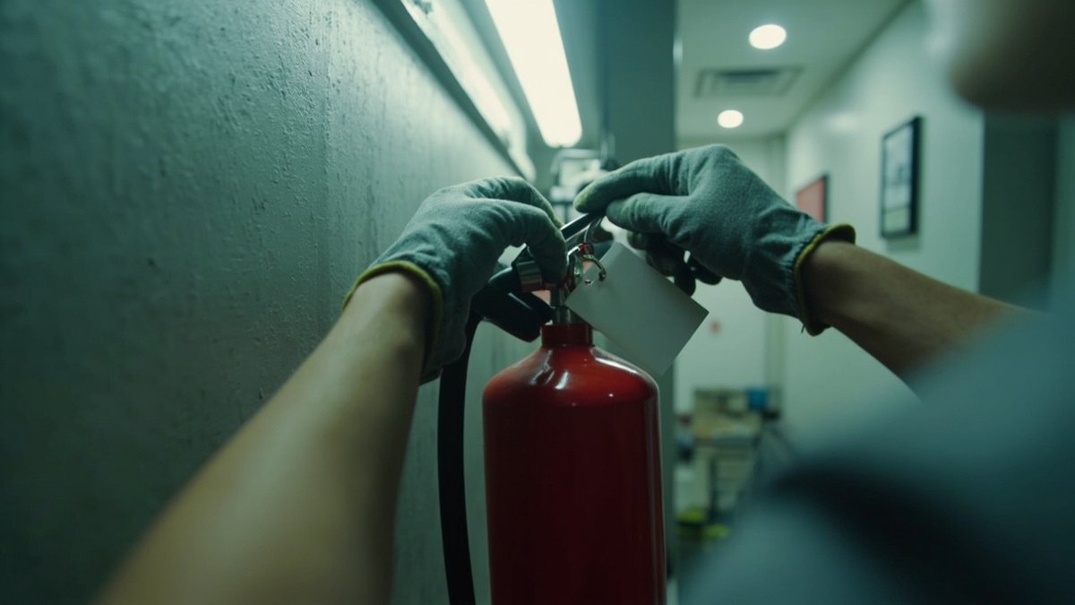 Gloved hands checking a red fire extinguisher with a white tag against a wall in a lit corridor