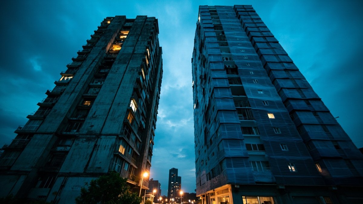 An older strata tower beside a newer one still under developer wrap, JMB vs MC