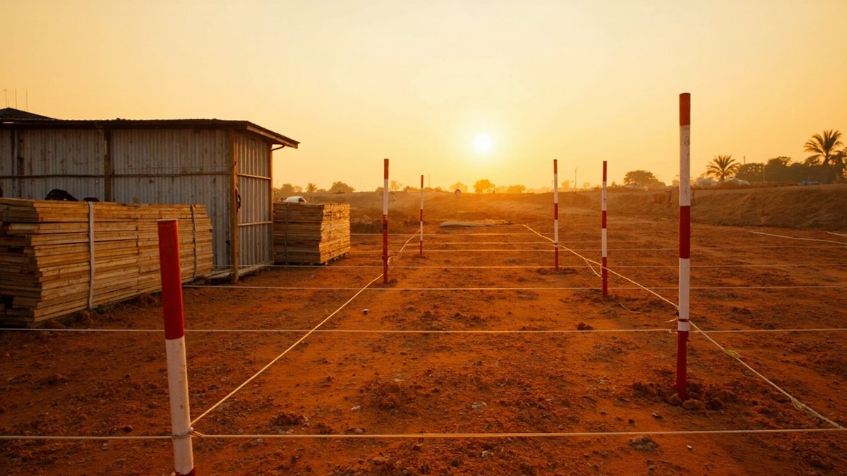 A vacant plot marked with survey stakes and a site cabin represents a landowner developer joint venture.