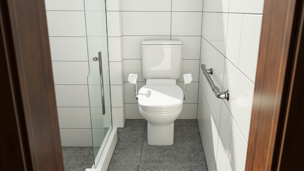 Illustrative concept design: toilet with fold-up arm supports, a grab bar, a glass shower door and a speckled anti-slip floor