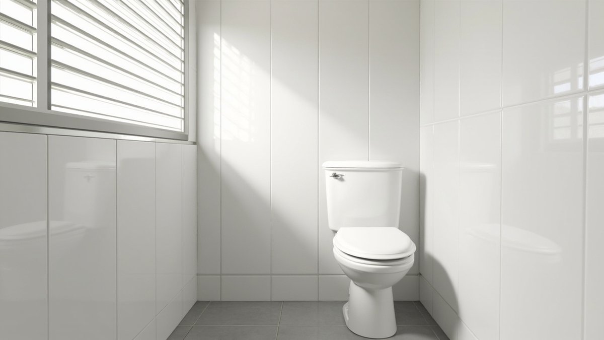 Illustrative concept design: white tiled WC with a wide aluminium louvred window high on the wall