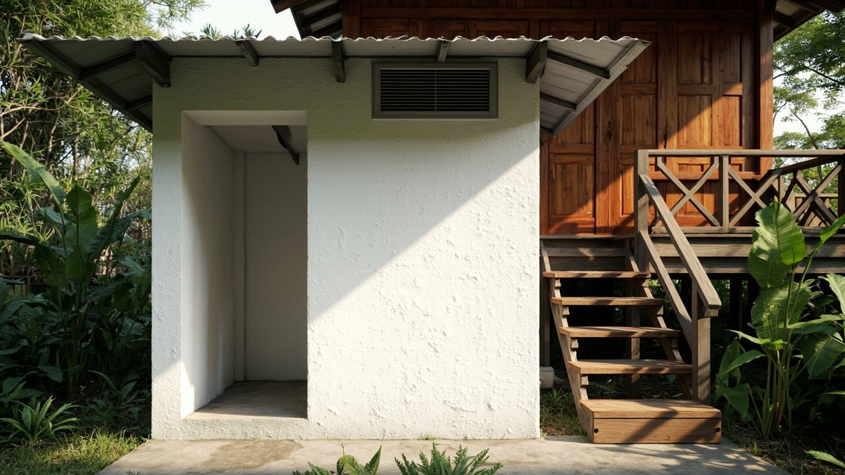 Illustrative concept design: small white rendered masonry bathroom block beside the timber stairs of a raised kampung house
