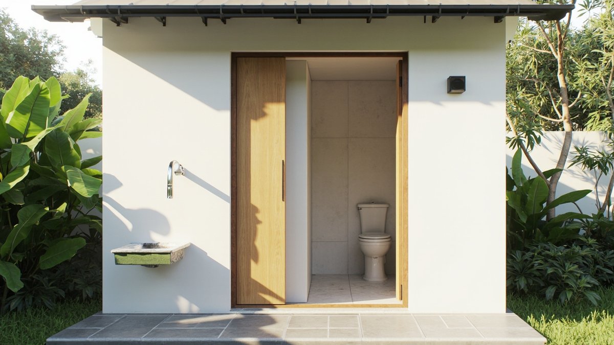 Illustrative concept design: small white garden washroom with a timber door open to a tiled WC, an outdoor tap and a small basin