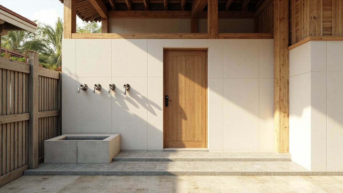 Illustrative concept design: four wall taps over a low concrete trough beside a separate timber WC door