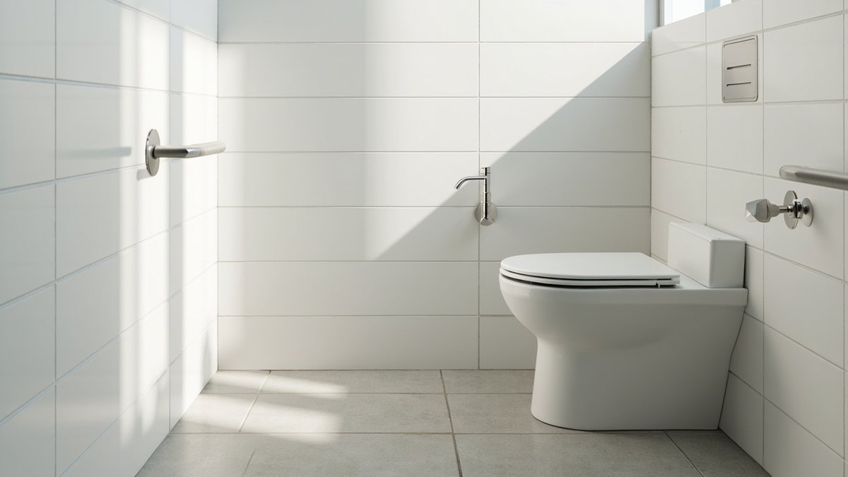Illustrative concept design: white tiled WC with a seated toilet, a bidet tap and two stainless grab bars