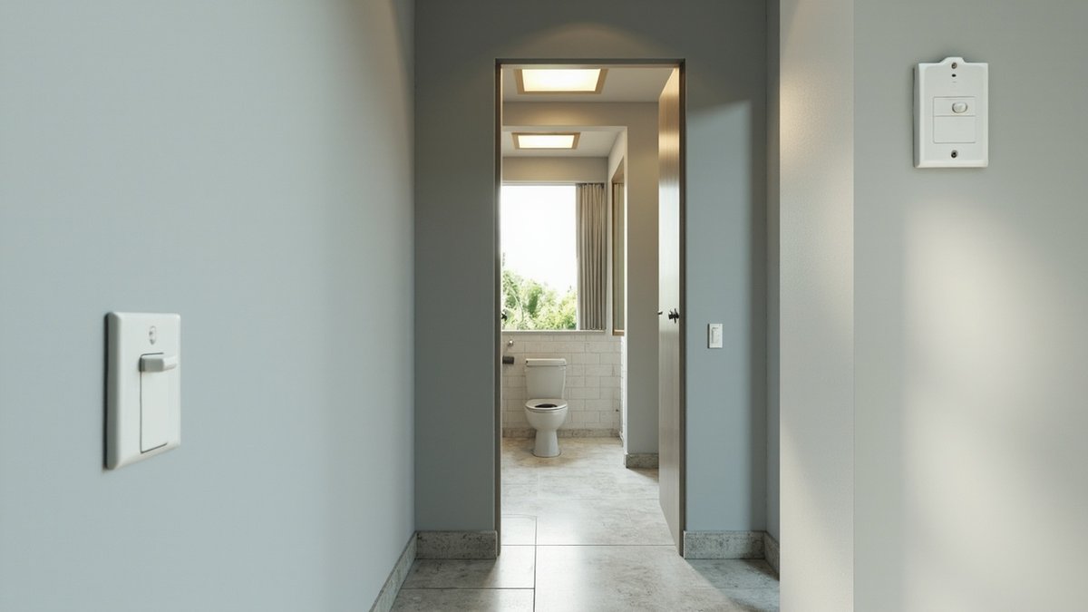Illustrative concept design: corridor with white switch plates on the walls outside the bathroom doorway