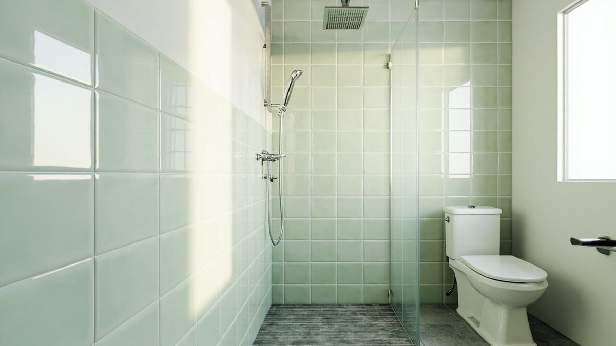 Illustrative concept design: pale green tiled shower with a rain head, hand shower and frameless glass panel beside a seated toilet