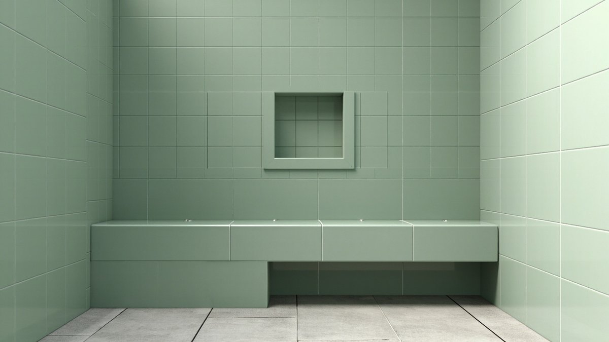 Illustrative concept design: sage green tiled shower with a long built-in tiled bench and a recessed niche