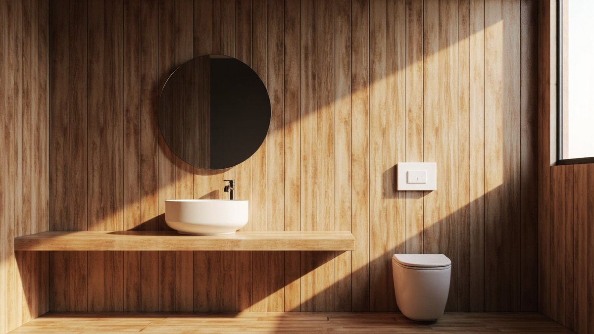 Illustrative concept design: bathroom with timber-look plank tiles, a white vessel basin on a timber shelf and a round mirror