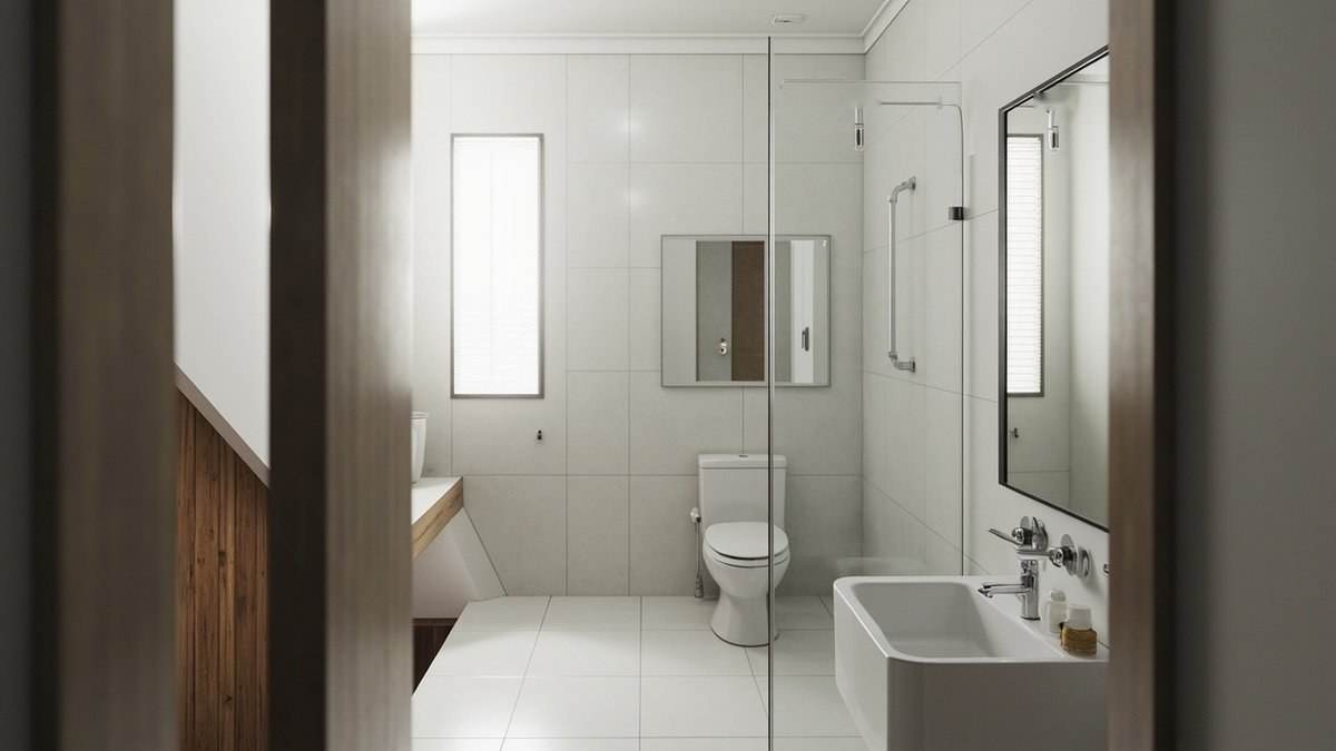 Illustrative concept design: white tiled upstairs bathroom with a glass shower, a toilet, a basin and a tall window