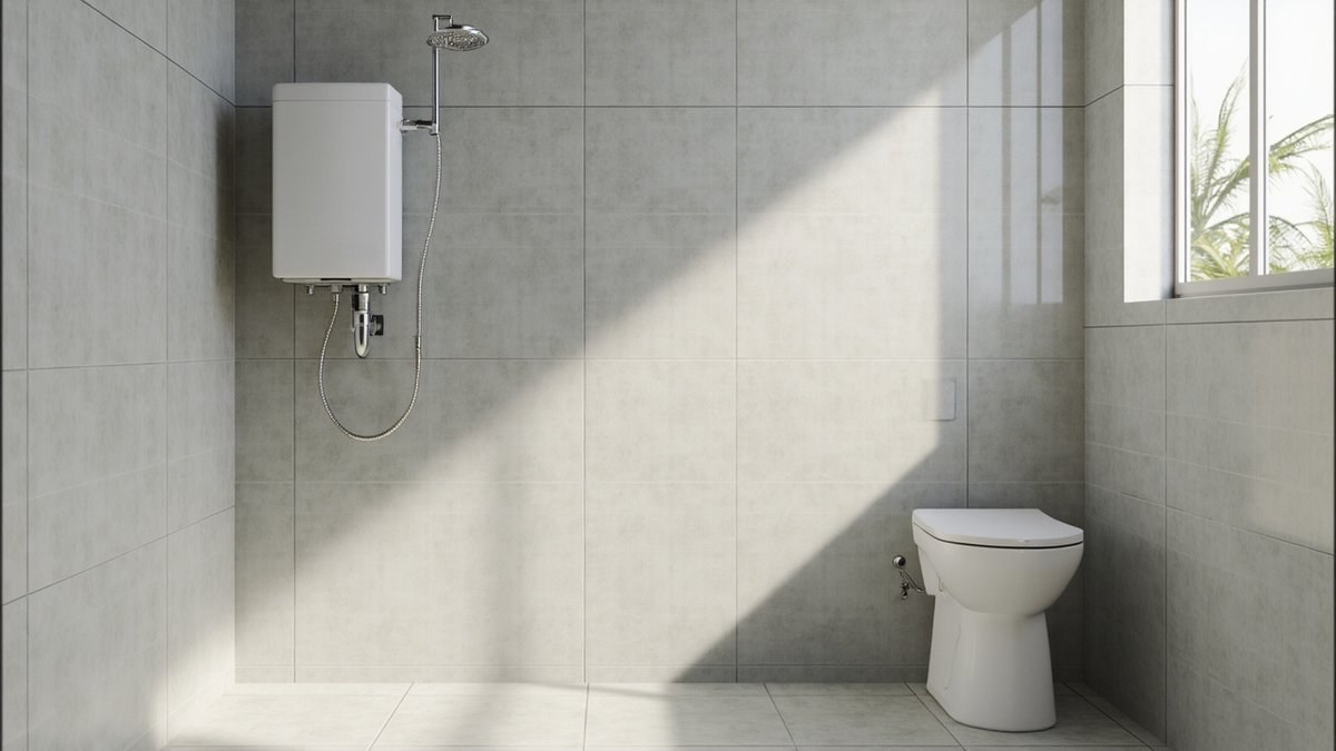 Illustrative concept design: grey tiled shower wall with a plain white water heater, a rain head and a hand shower