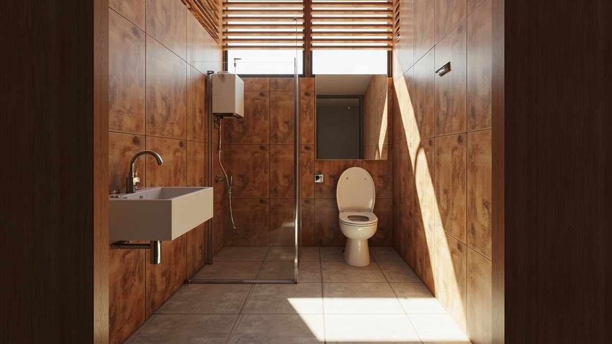 Illustrative concept design: bathroom with timber-look wall tiles, a grey tiled floor, a glass shower panel, a wall water heater, a wall-hung basin and high louvres