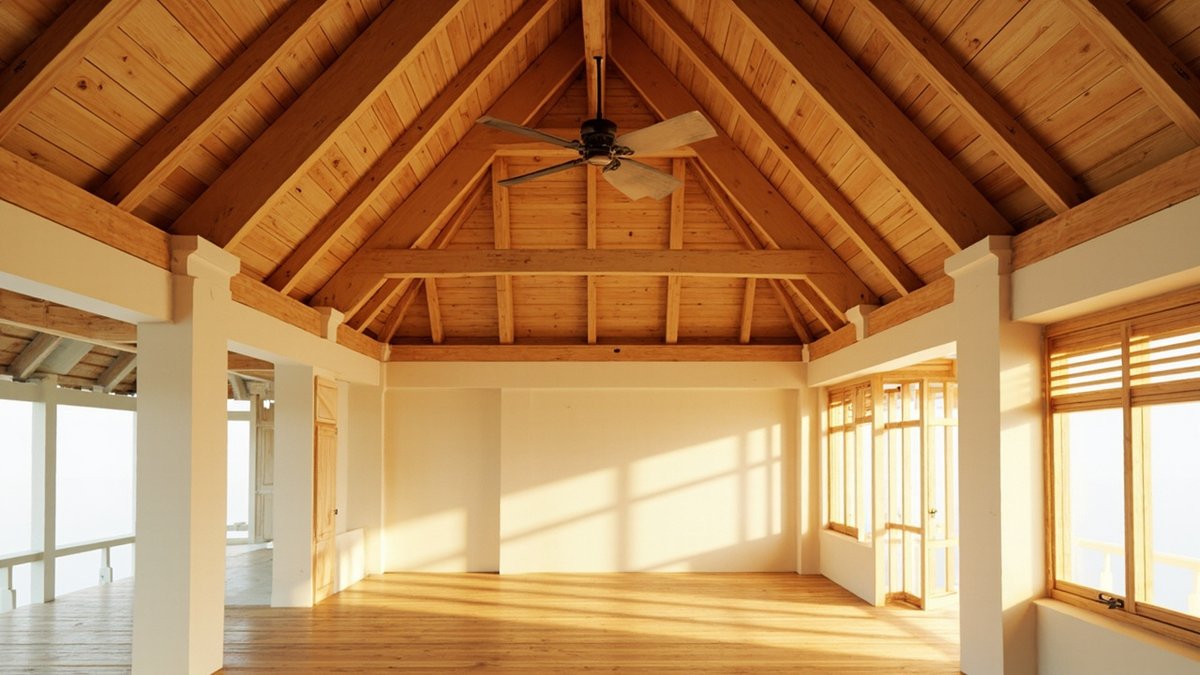 Ilustrasi konsep reka bentuk: siling condong terbuka papan pelapik kayu cerah atas kasau dengan rasuk pengikat dan kipas siling di atas lantai kayu
