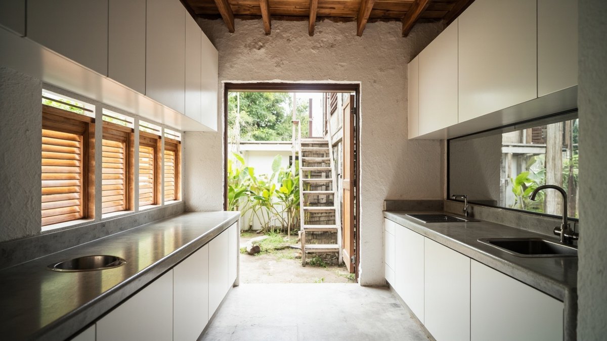 Illustrative concept design: galley kitchen in a masonry annex with white flat-door cabinets, concrete-look worktops, timber louvred windows and an open door to steps up to the timber house
