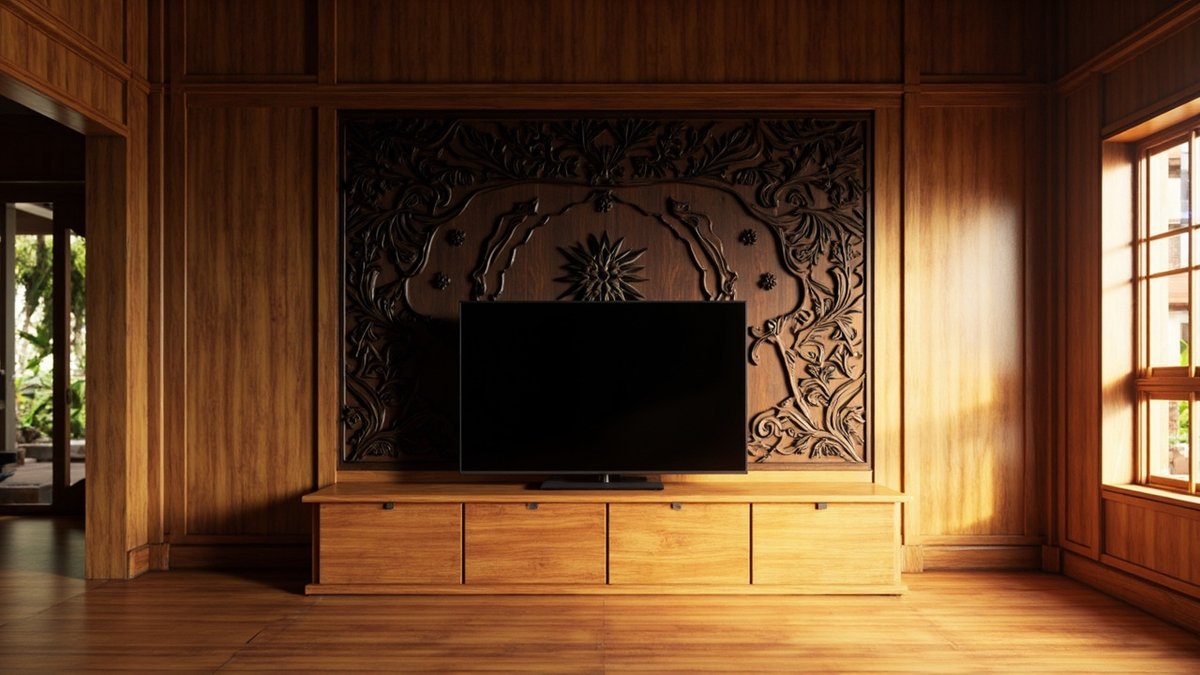 Illustrative concept design: dark carved floral timber panel as the TV wall above a timber console