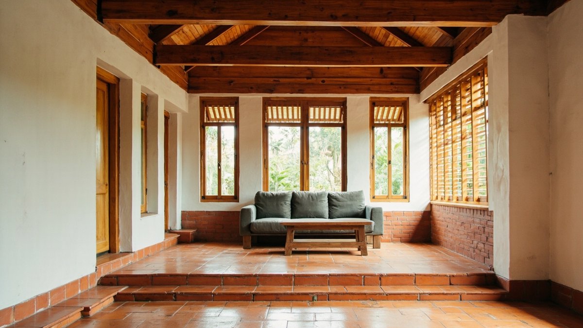 Illustrative concept design: red brick lower walls and white render under a timber roof, terracotta floor