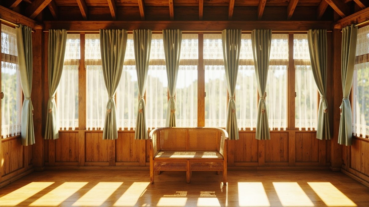 Illustrative concept design: tall timber windows with white lace curtains and sage tie-back drapes