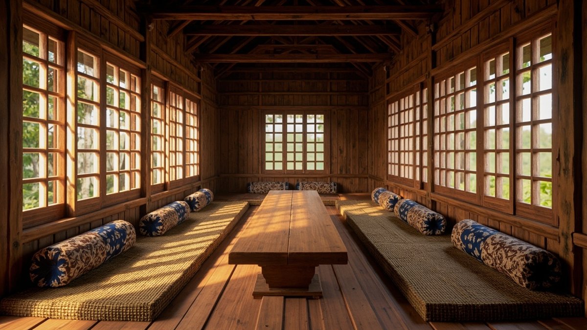 Illustrative concept design: low woven-mat seating platforms with batik bolsters along a timber hall
