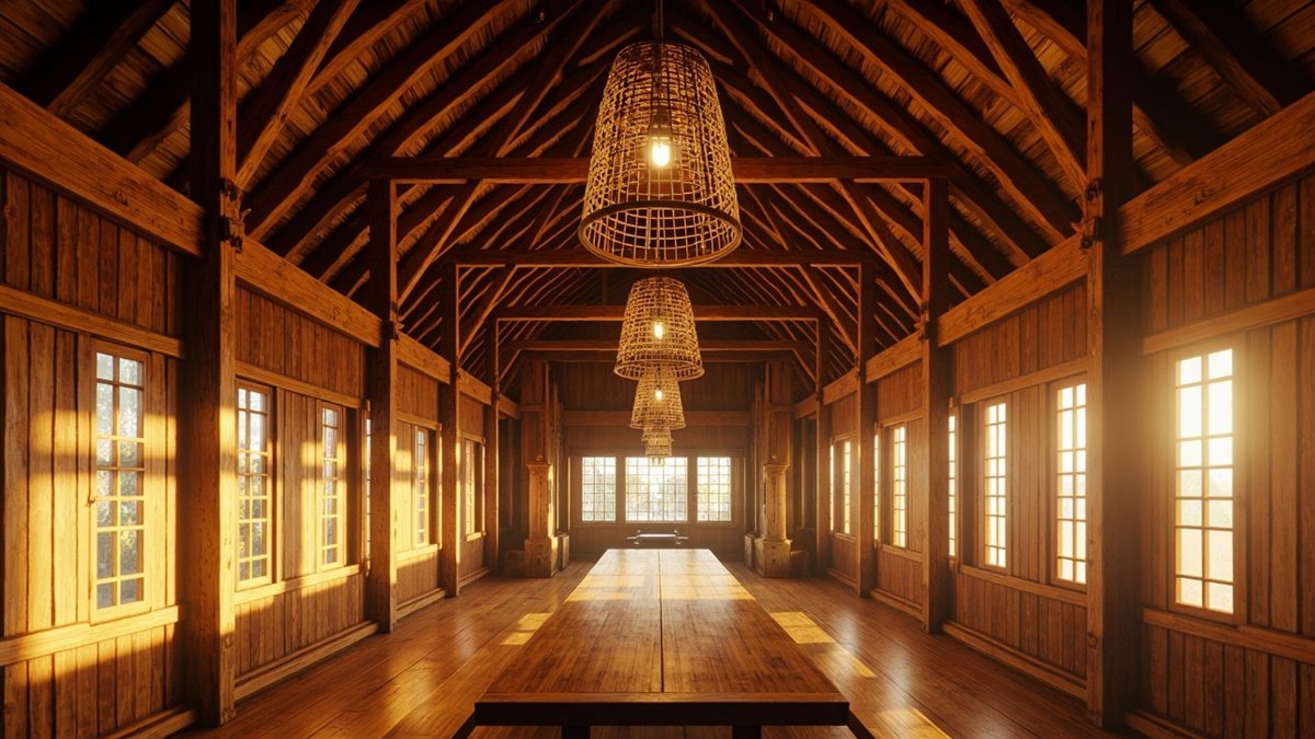Illustrative concept design: row of woven rattan pendants under an exposed timber roof over a long table