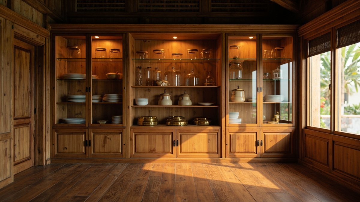 Illustrative concept design: built-in timber display cabinet with glass jars, plates and brass trays